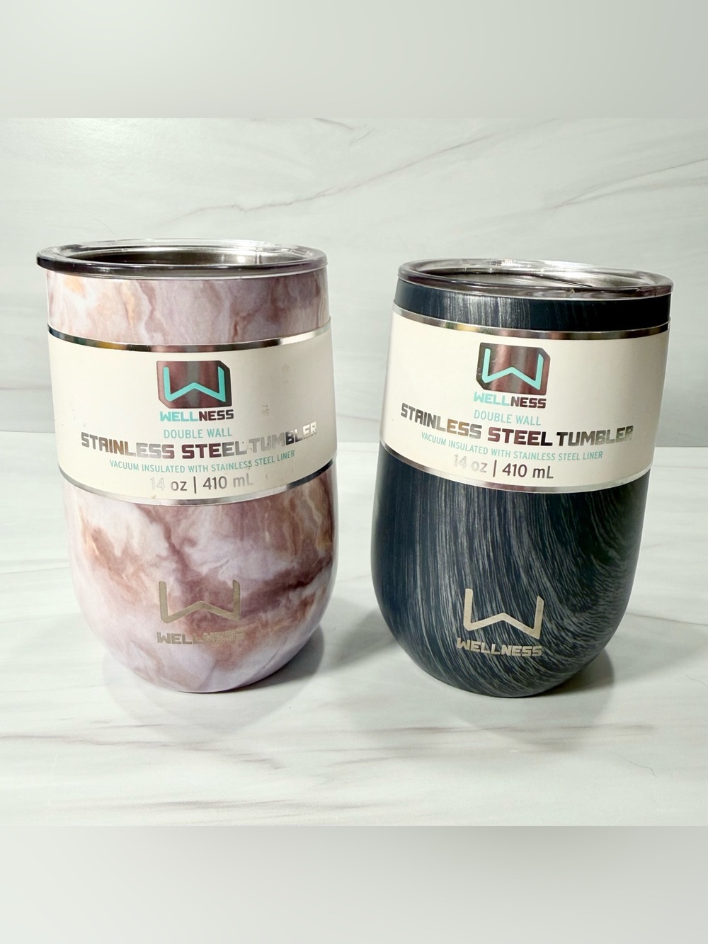 NWT Wellness 14 oz Stainless Steel Tumblers Set of 2 Marble Woodgrain